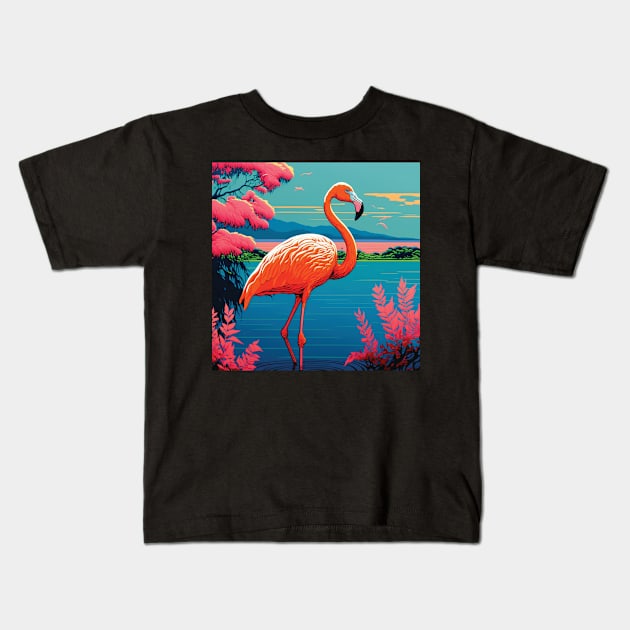 Beautiful flamingo in a mountain lake Kids T-Shirt by Geminiartstudio